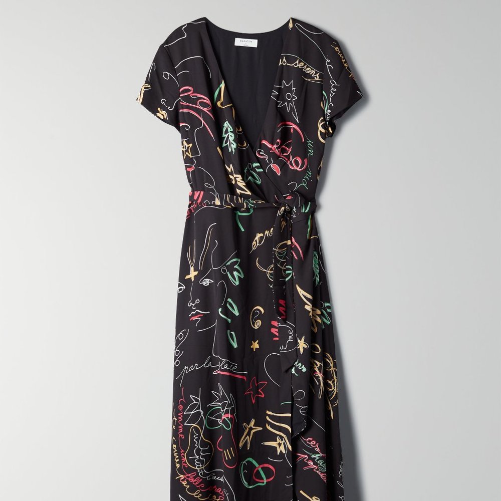 Slit Wrap Dress in Multi-Black